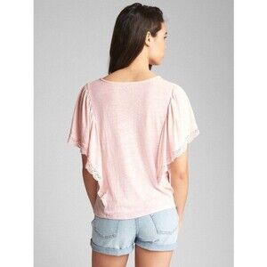 GAP Women’s Linen Crochet Lace Trim Flutter Sleeve Knit Top size L Boho Romantic